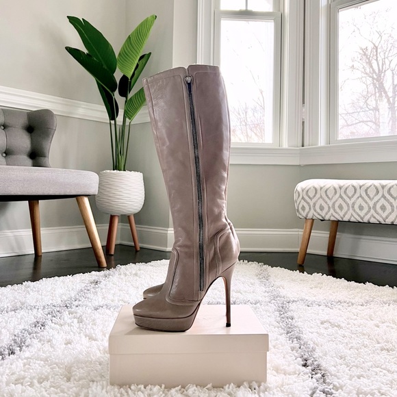 JIMMY CHOO Haze 120 Knee High Semi Pointed Toe Boots in Taupe Grey Leather 37 💕 - Picture 3 of 6
